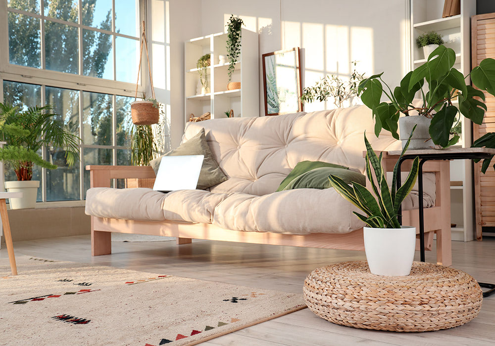 A beige sofa holds a laptop, surrounded by potted plants, in a sunlit living room featuring large windows, white walls, a woven mat, and decorative rug.